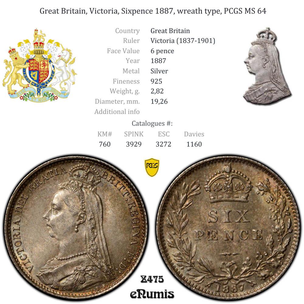 Great Britain, Victoria, Sixpence 1887, wreath type, PCGS MS 64 Great Britain, Victoria, Sixpence 1887, wreath type, PCGS MS 64