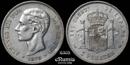 SPAIN, Alfonso XII, 5 Pesetas 1878 DE-M, XF+
