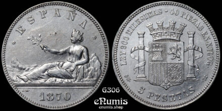 SPAIN, Provisional Government, 5 Pesetas 1870 SN-M, XF