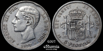 SPAIN, Alfonso XII, 5 Pesetas 1877 DE-M, VF