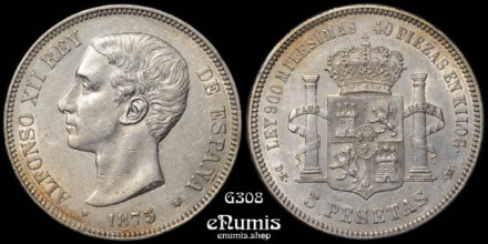 SPAIN, Alfonso XII, 5 Pesetas 1875 DE-M, XF-UNC