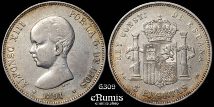 SPAIN, Alfonso XIII, 5 Pesetas 1891 PG-M, VF-XF