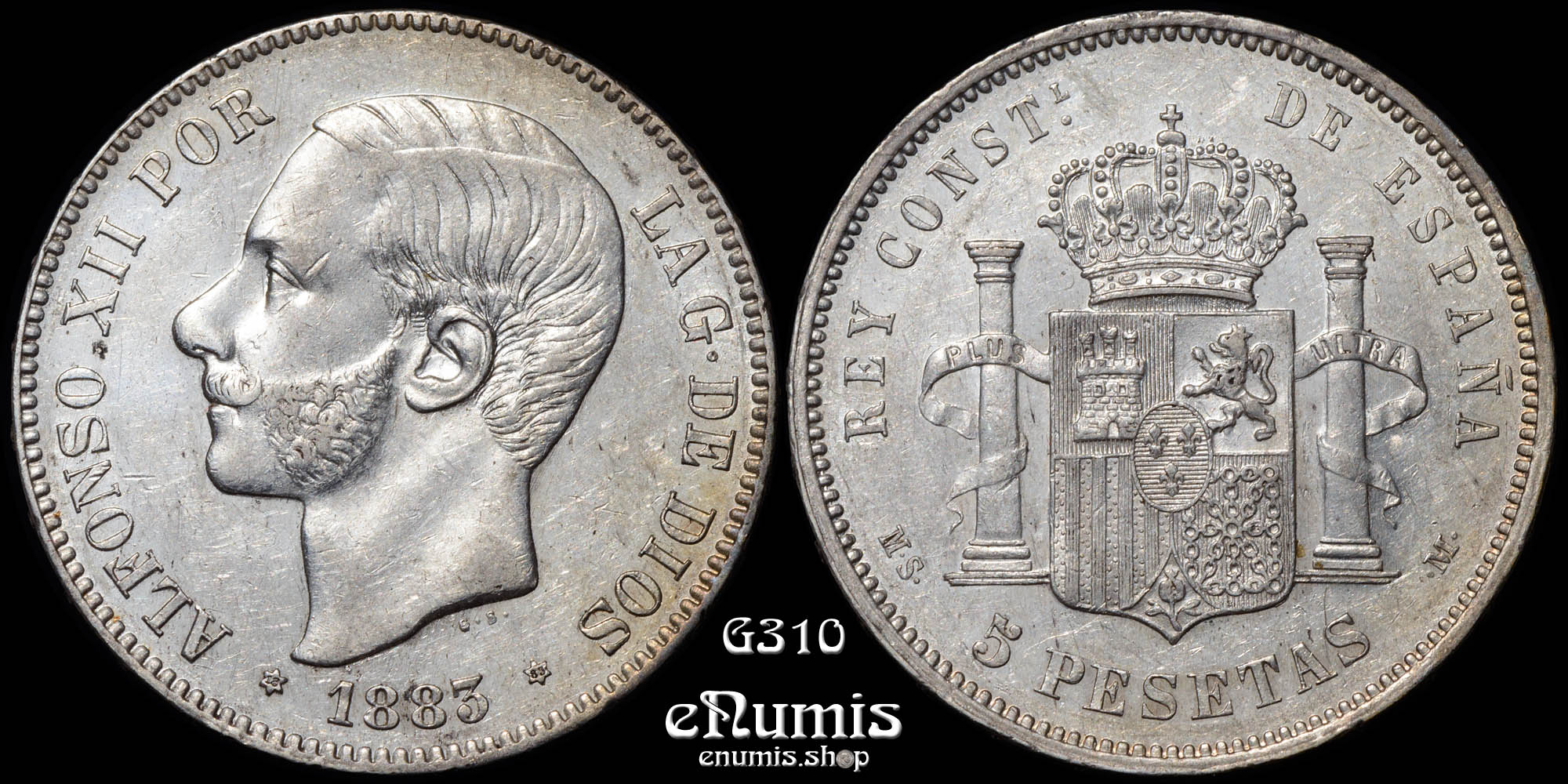 SPAIN, Alfonso XII, 5 Pesetas 1883 MS-M, XF-UNC