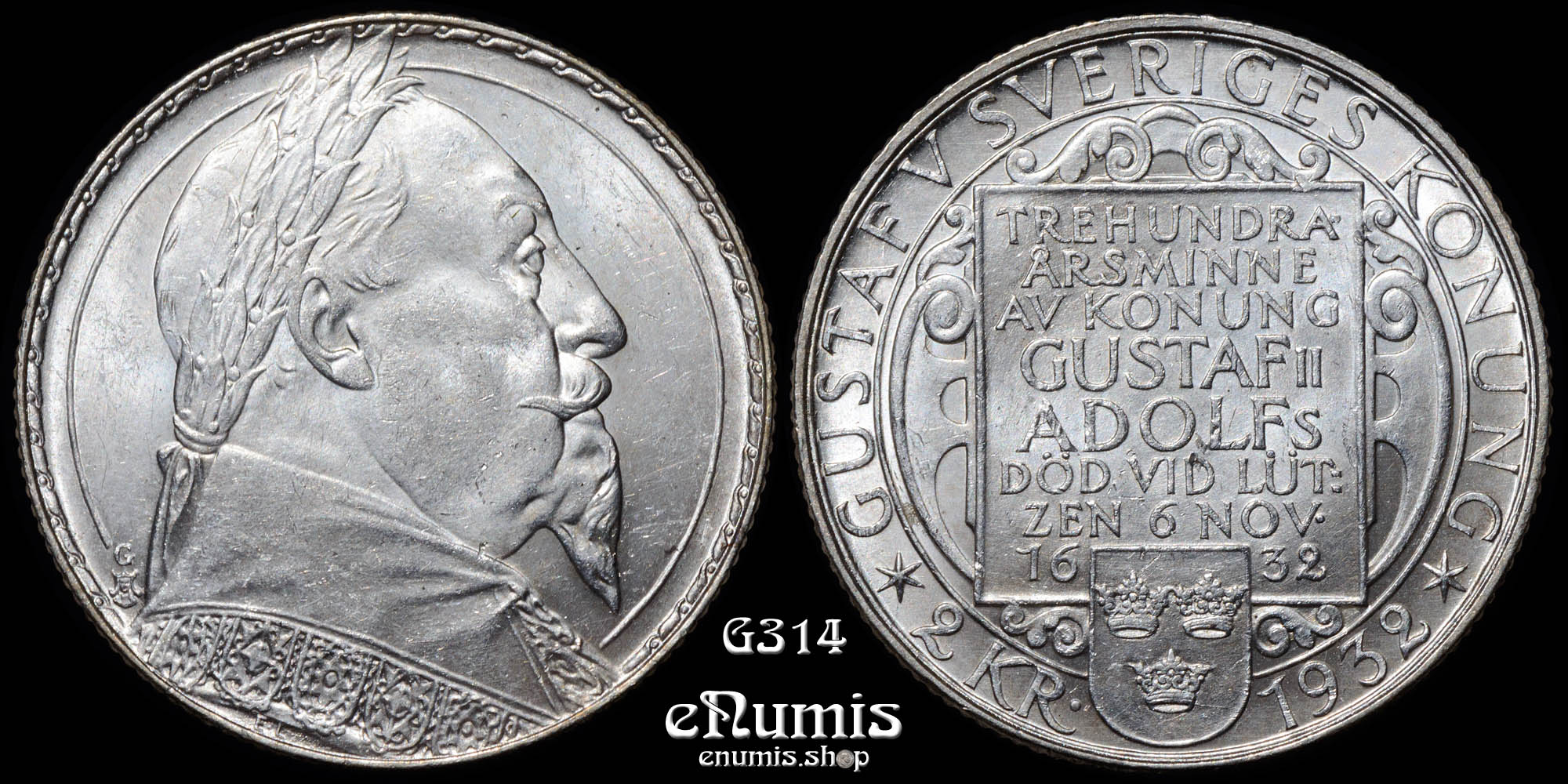 SWEDEN, Gustaf V, 2 Kronor 1932, 300th Anniversary - Death of Gustaf II, UNC