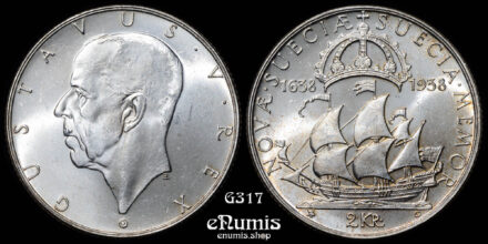 SWEDEN, Gustaf V, 2 Kronor 1938, 300th Anniversary - Settlement of Delaware, UNC