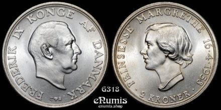 DENMARK, Frederick IX, 2 Kroner 1958, Princess Margrethe’s 18th Birthday, UNC