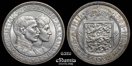 DENMARK, Christian X, 2 Kroner 1923, Silver Wedding Anniversary, UNC