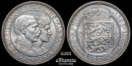 DENMARK, Christian X, 2 Kroner 1923, Silver Wedding Anniversary, UNC