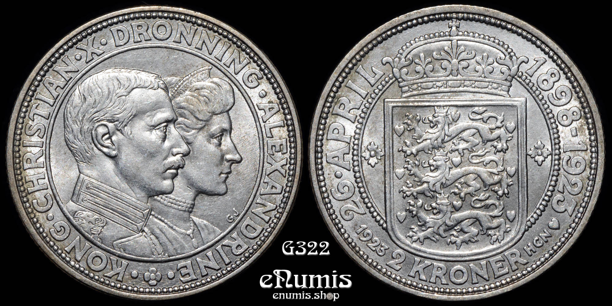 DENMARK, Christian X, 2 Kroner 1923, Silver Wedding Anniversary, UNC
