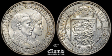DENMARK, Christian X, 2 Kroner 1923, Silver Wedding Anniversary, UNC