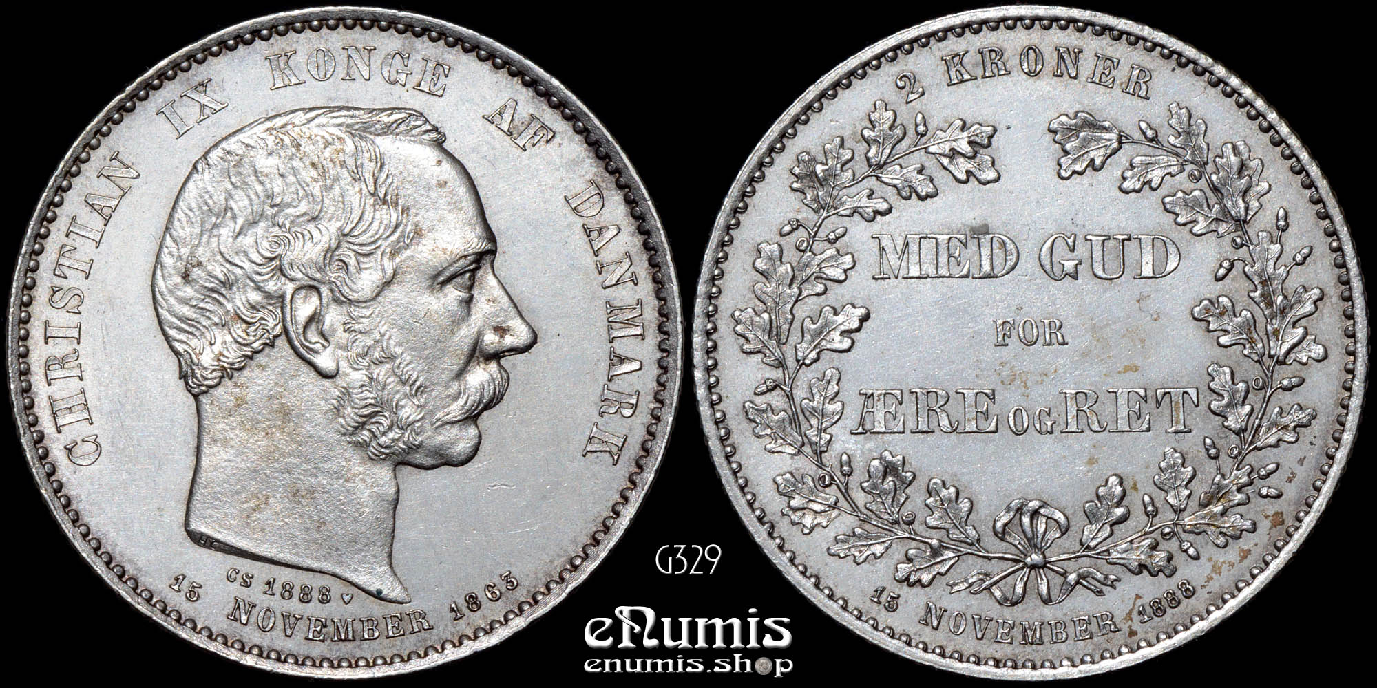 DENMARK, Christian IX, 2 Kroner 1888, 25th Anniversary of Reign, UNC