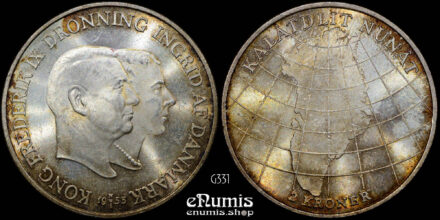 DENMARK, Frederick IX, 2 Kroner 1953, Greenland, silver, UNC