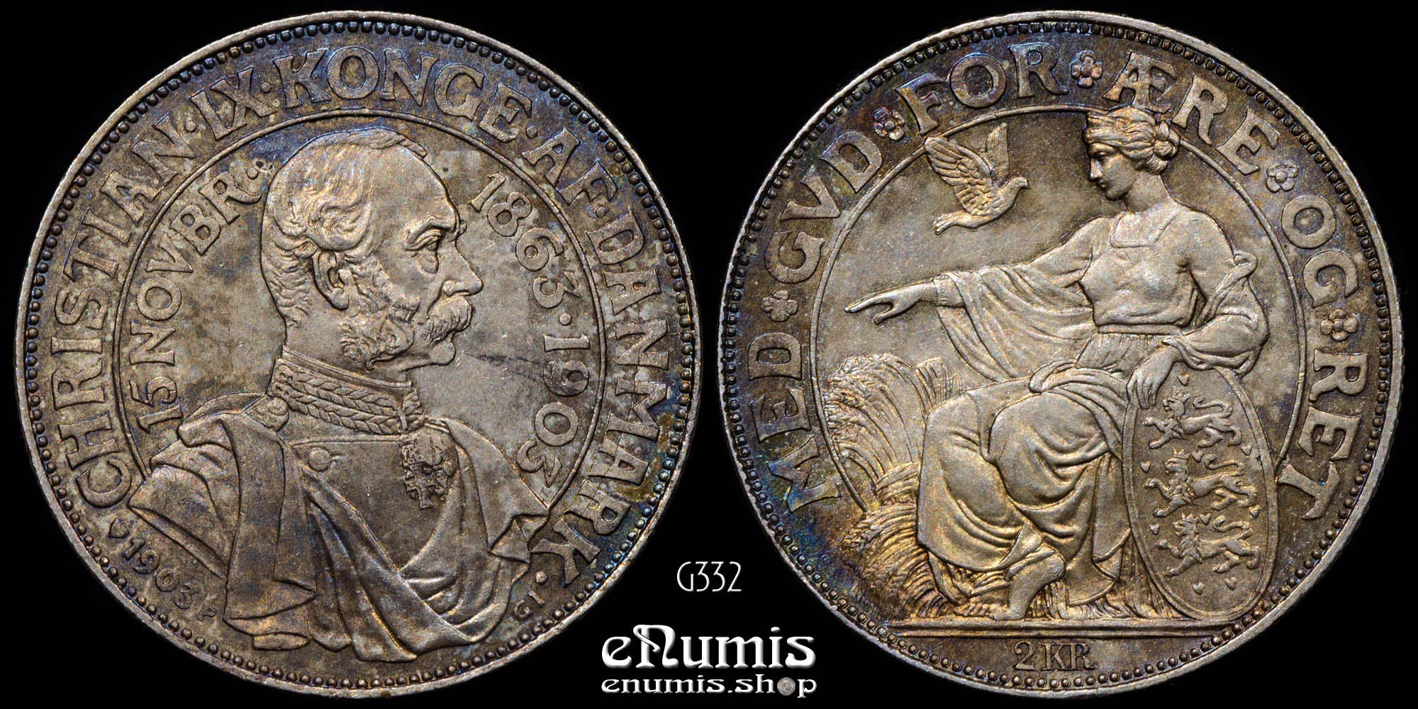 DENMARK, Christian IX, 2 Kroner 1903, Ann of Reign,UNC