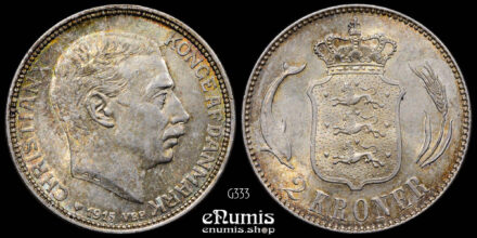 DENMARK, Christian X, 2 Kroner 1915 VBP AH, better date, UNC