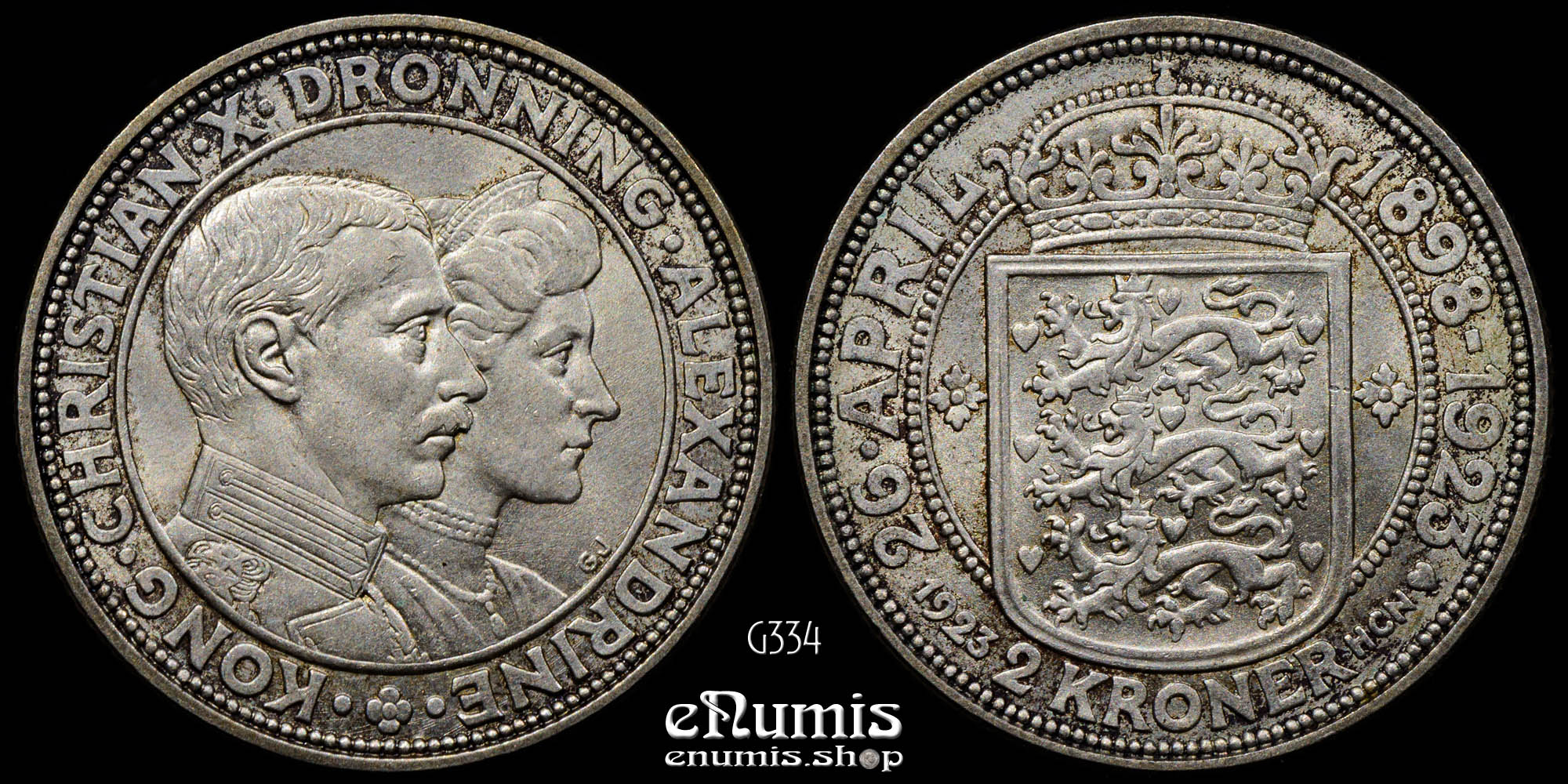 DENMARK, Christian X, 2 Kroner 1923, Silver Wedding Anniversary, UNC