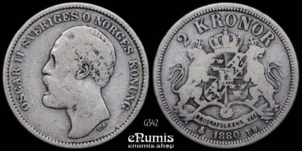 SWEDEN, Oscar II, 2 Kronor 1880, Scarce, Fine