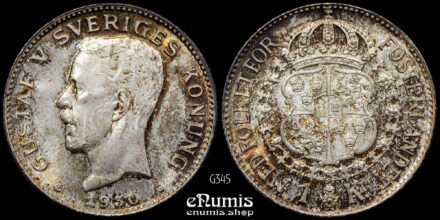 SWEDEN, Gustaf V, 1 Krona 1930, silver, UNC