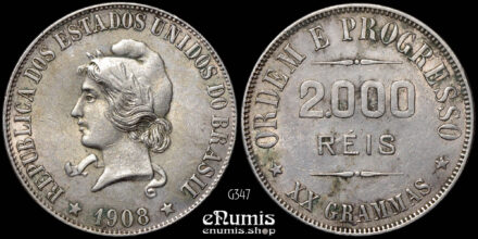 BRAZIL, 2000 Reis 1908, silver, XF+