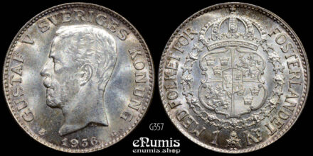 SWEDEN, Gustaf V, 1 Krona 1936, silver, UNC