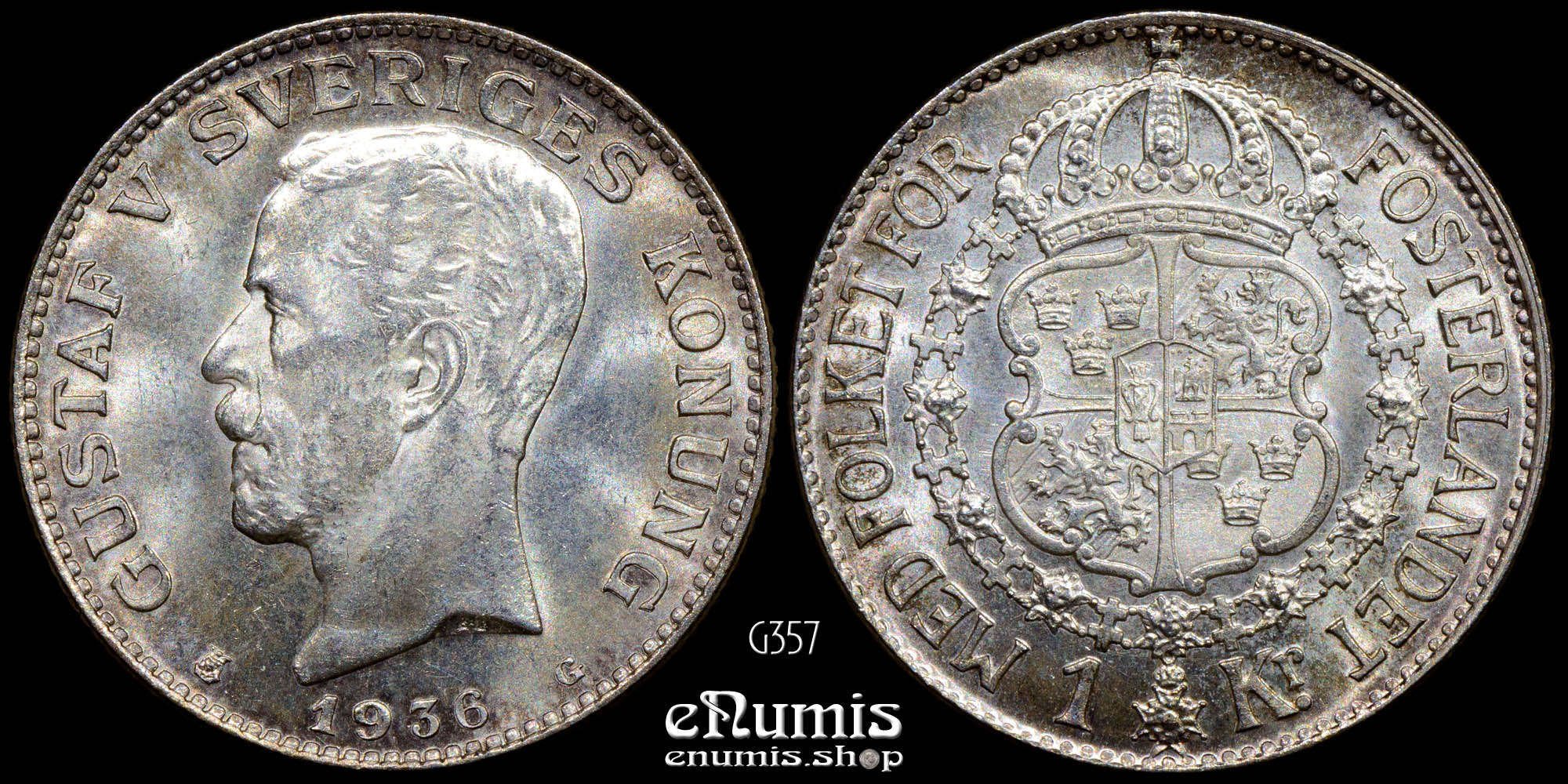 SWEDEN, Gustaf V, 1 Krona 1936, silver, UNC