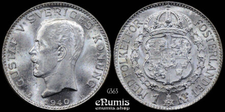 SWEDEN, Gustaf V, 1 Krona 1940, silver, UNC