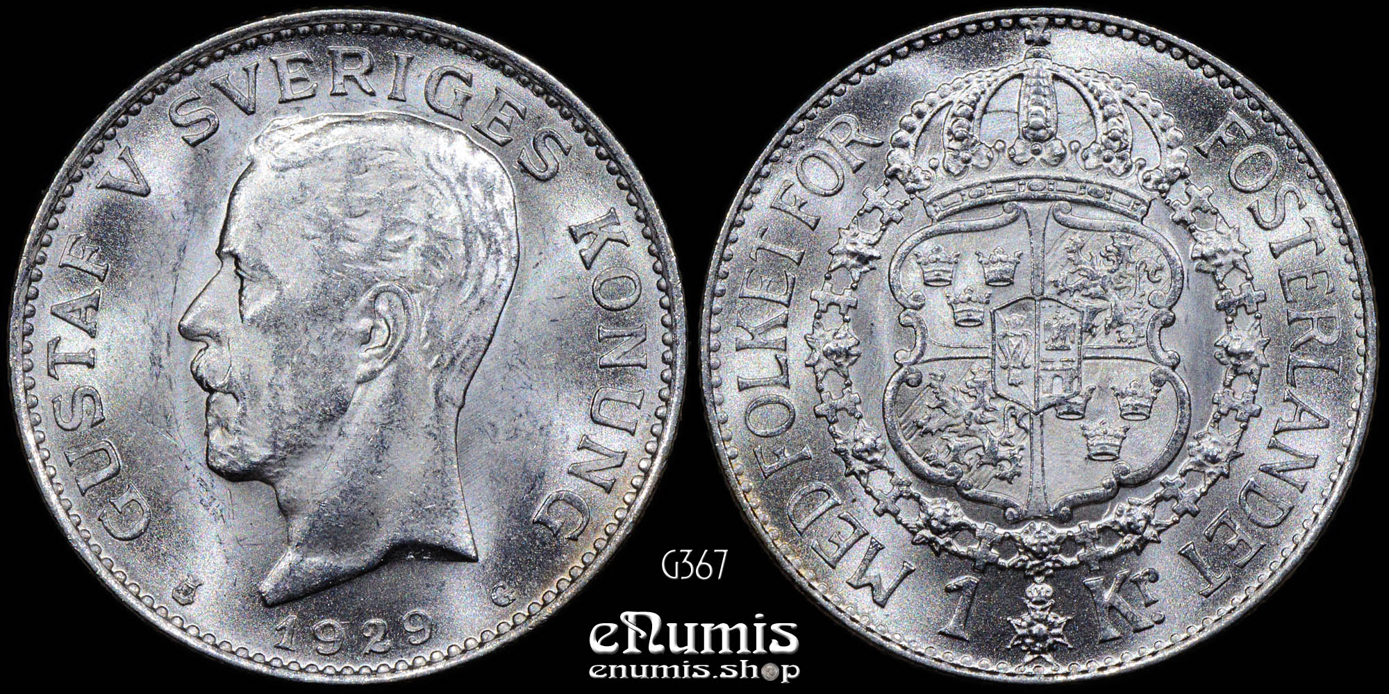 SWEDEN, Gustaf V, 1 Krona 1929, silver, UNC