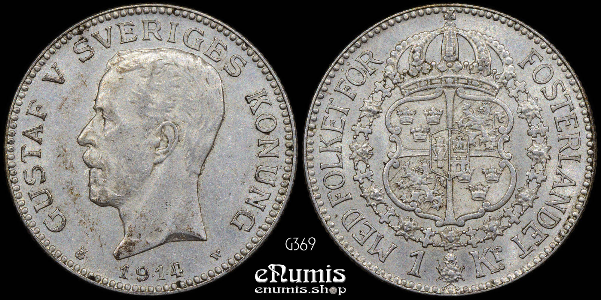 SWEDEN, Gustaf V, 1 Krona 1914, silver, XF-UNC/aUNC