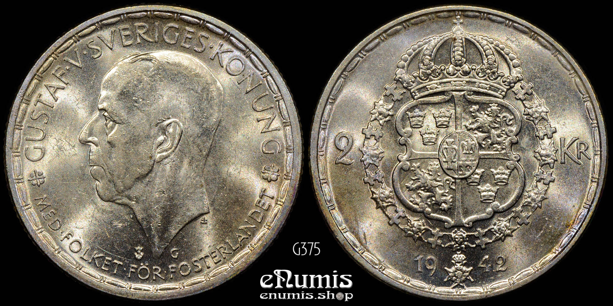 SWEDEN, Gustaf V, 2 Kronor 1942, silver, aUNC/UNC