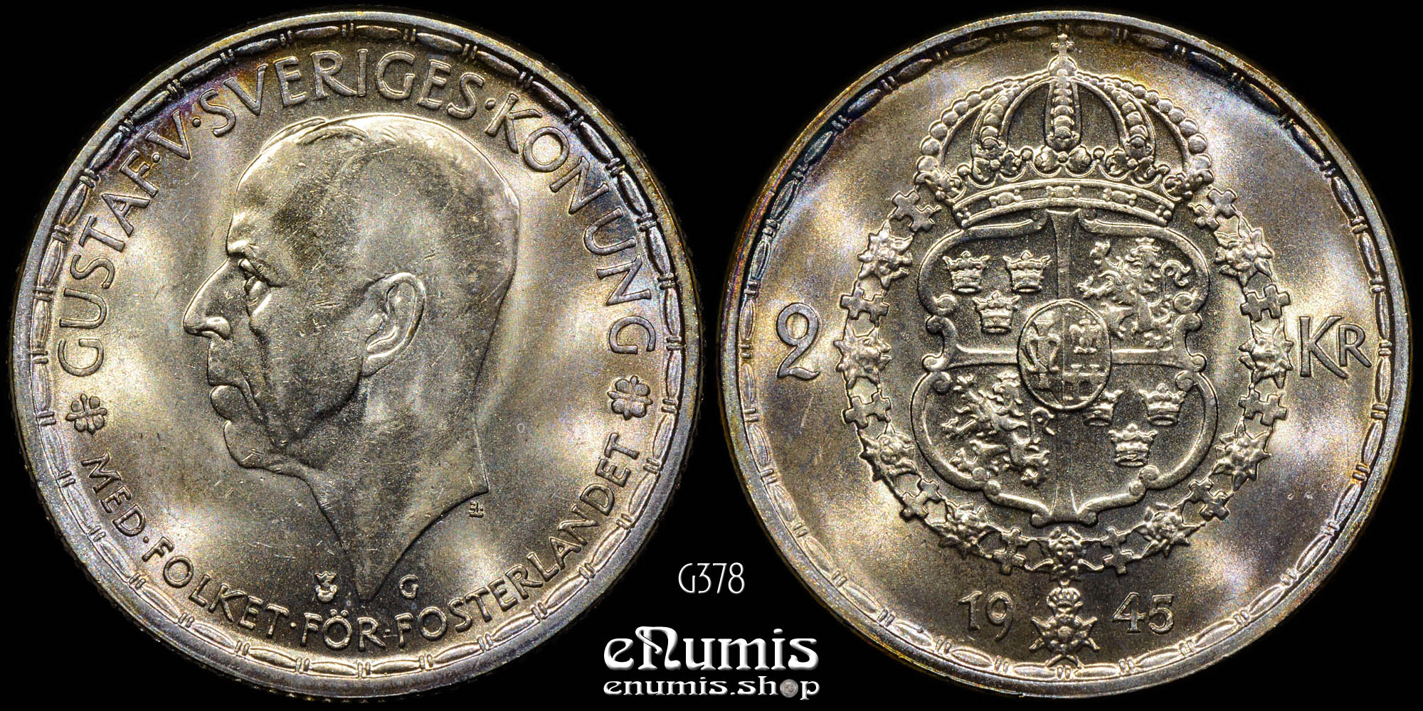 SWEDEN, Gustaf V, 2 Kronor 1945 G, silver, UNC