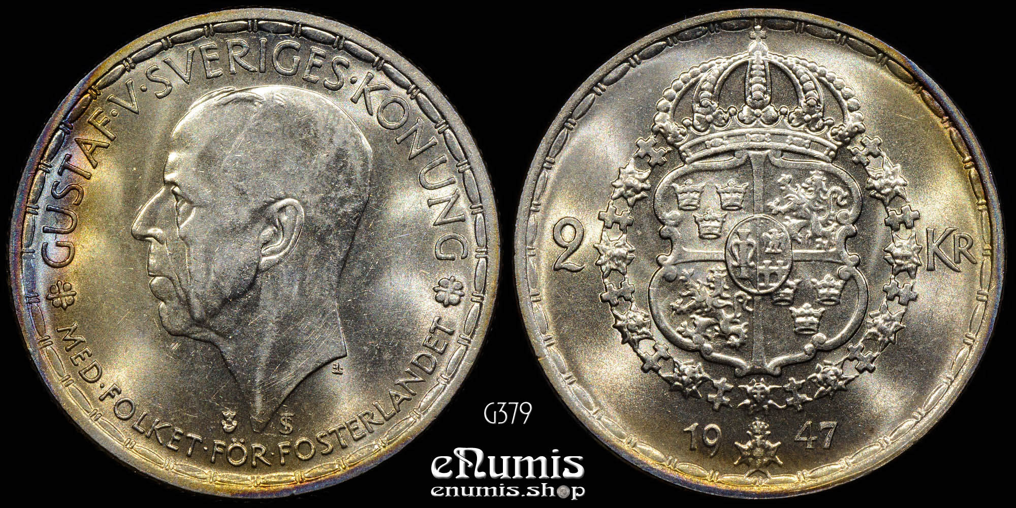 SWEDEN, Gustaf V, 2 Kronor 1947, silver, UNC