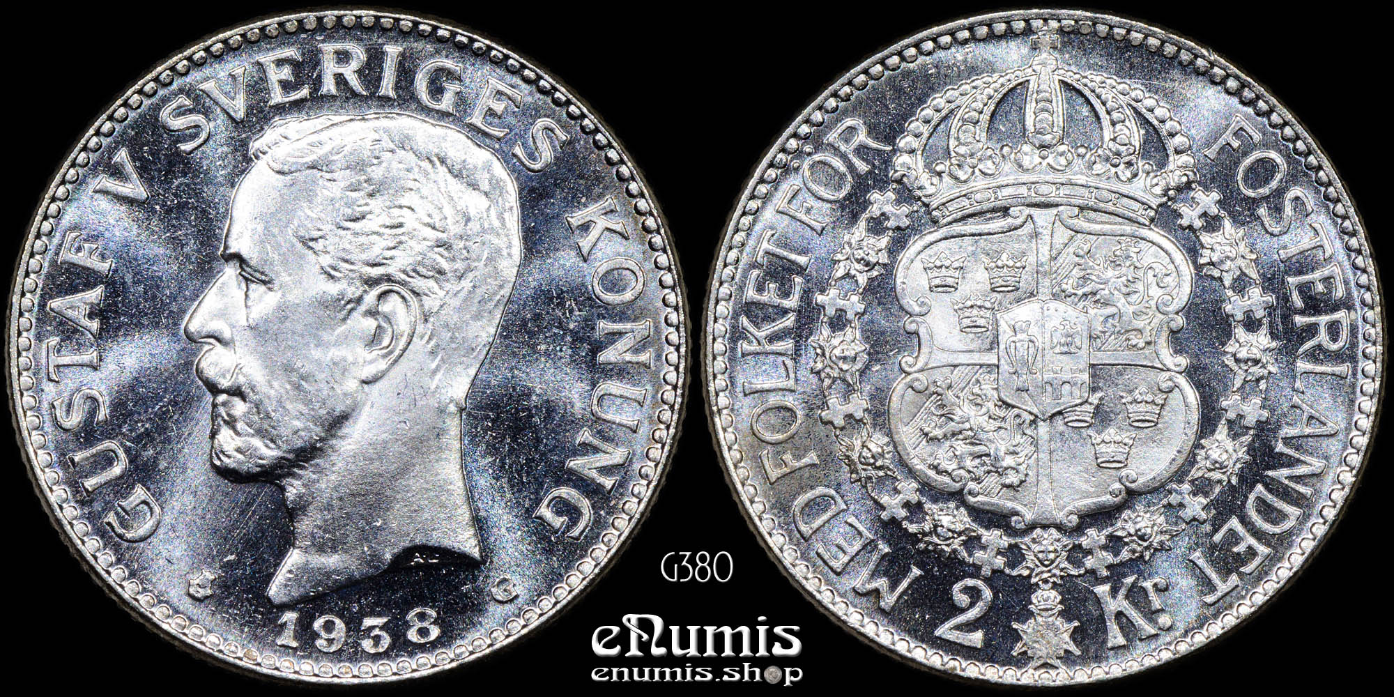 SWEDEN, Gustaf V, 2 Kronor 1938, silver, UNC