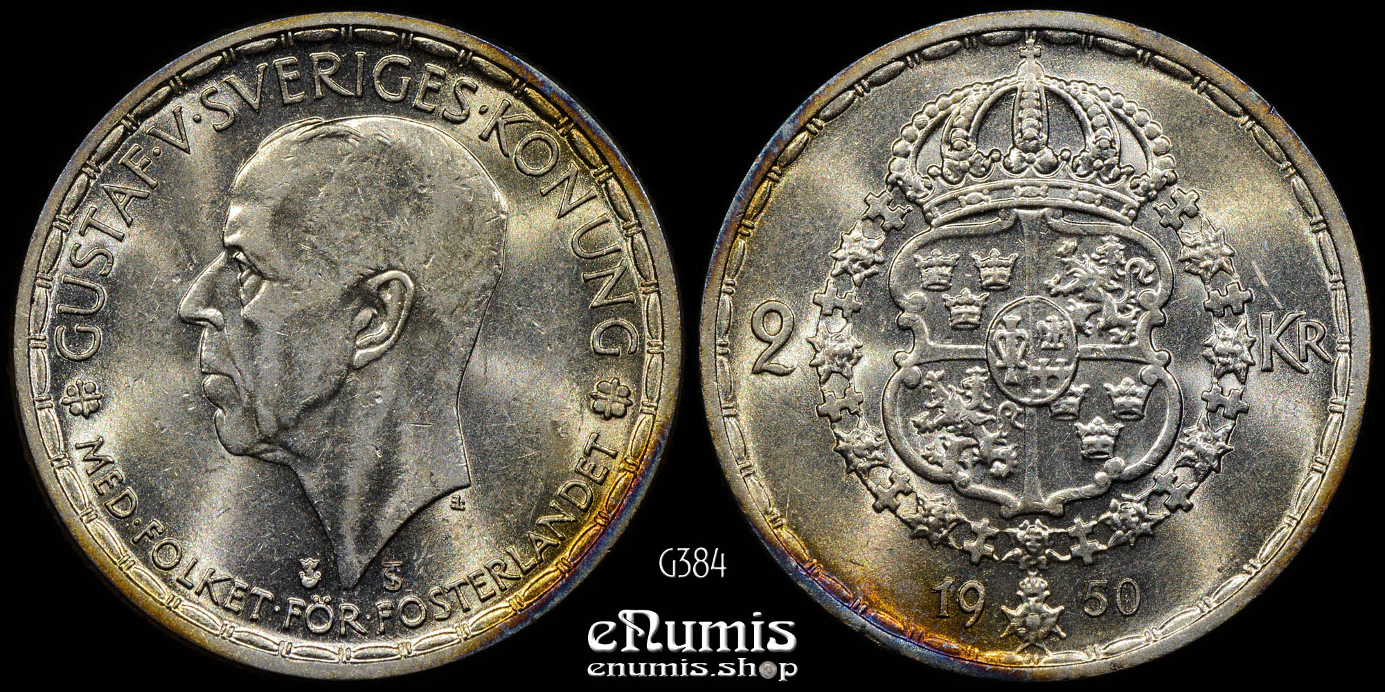 SWEDEN, Gustaf V, 2 Kronor 1950/1, silver, aUNC/UNC