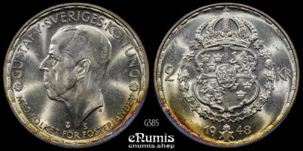 SWEDEN, Gustaf V, 2 Kronor 1948, silver, better date, UNC