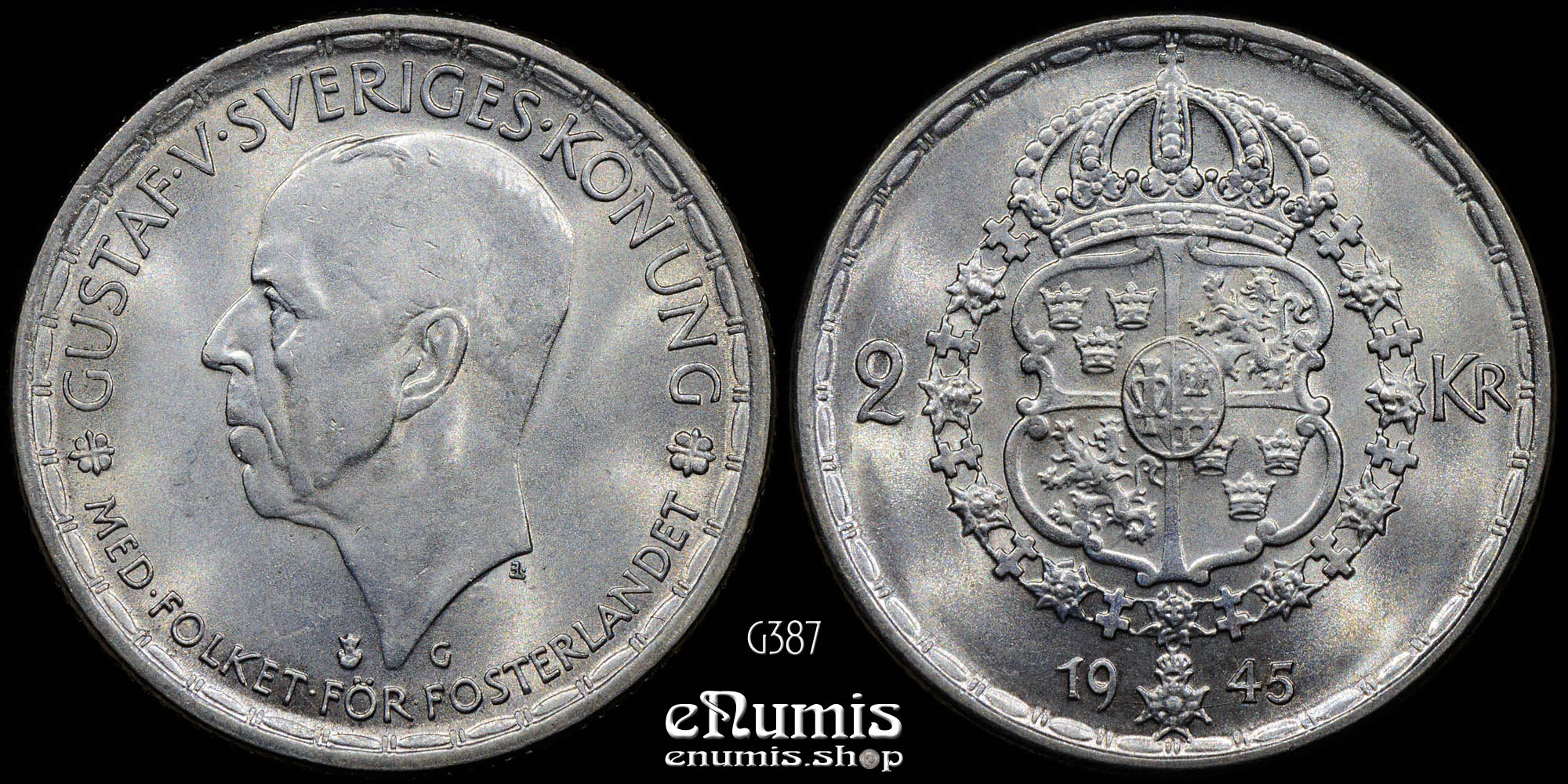 SWEDEN, Gustaf V, 2 Kronor 1945 G, silver, UNC