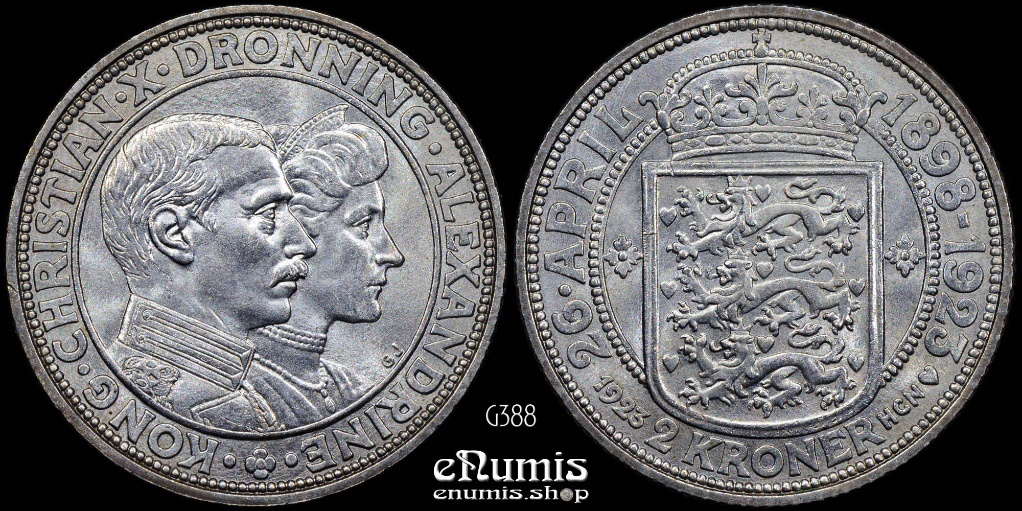 DENMARK, Christian X, 2 Kroner 1923, Silver Wedding Anniversary, UNC