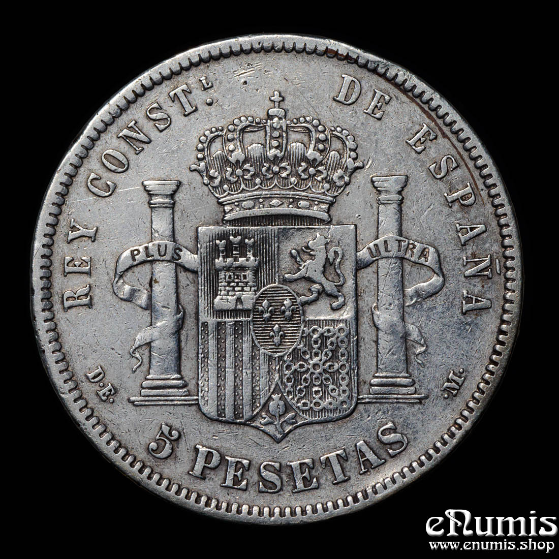SPAIN, Alfonso XII, 5 Pesetas 1877 DE-M, VF