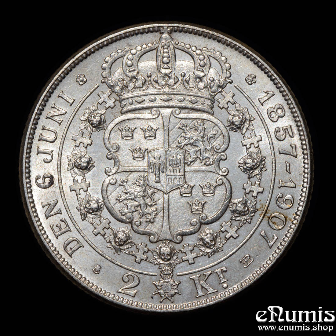 SWEDEN, Oscar II, 2 Kronor 1907, Golden Wedding Anniversary, UNC