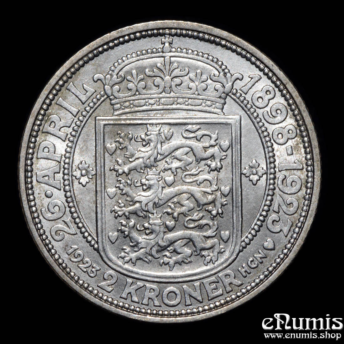 DENMARK, Christian X, 2 Kroner 1923, Silver Wedding Anniversary, UNC