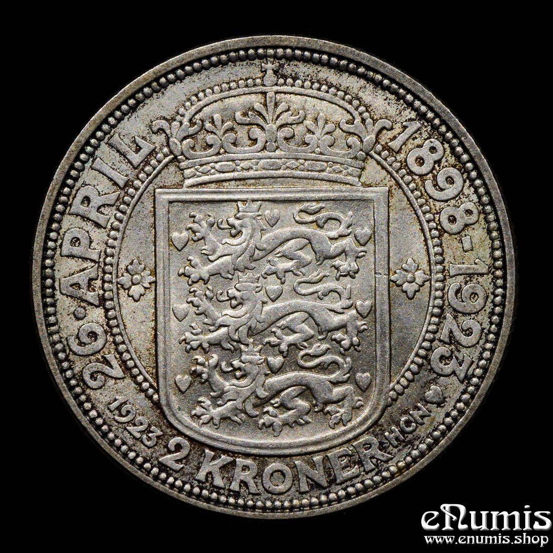 DENMARK, Christian X, 2 Kroner 1923, Silver Wedding Anniversary, UNC