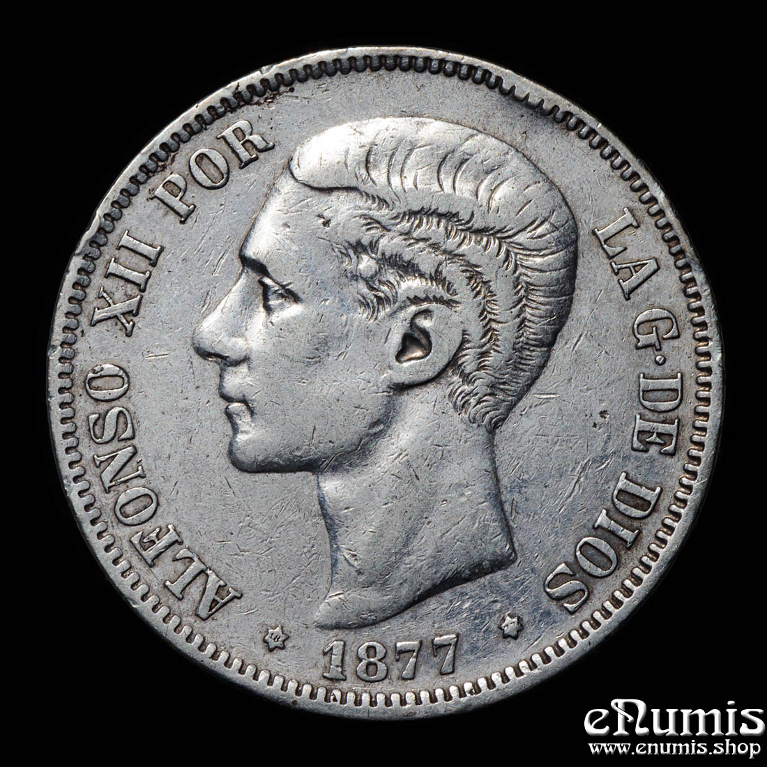 SPAIN, Alfonso XII, 5 Pesetas 1877 DE-M, VF