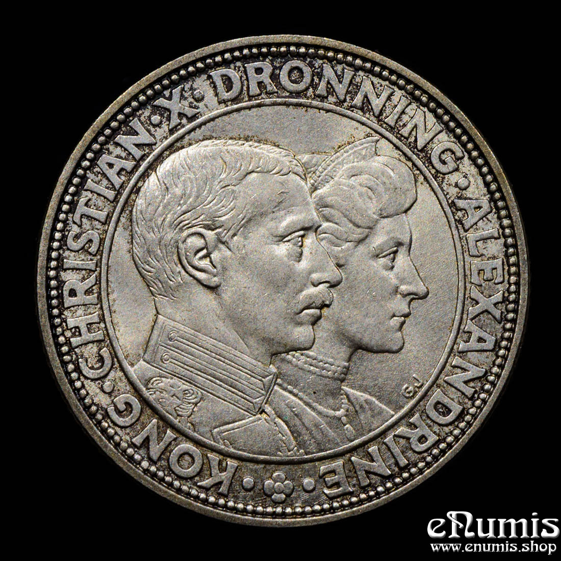 DENMARK, Christian X, 2 Kroner 1923, Silver Wedding Anniversary, UNC