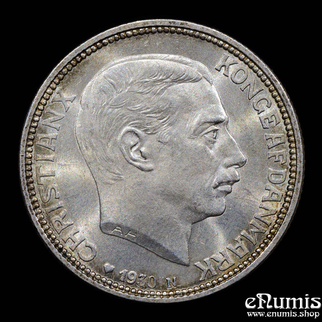 DENMARK, Christian X, 2 Kroner 1930, King’s 60th Birthday, silver, UNC