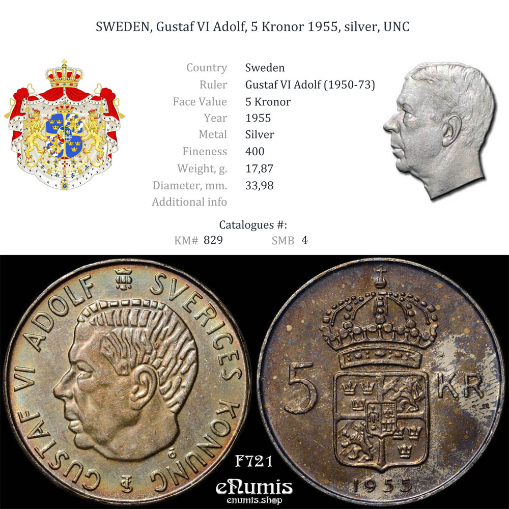 SWEDEN, Gustaf VI Adolf, 5 Kronor 1955, silver, UNC