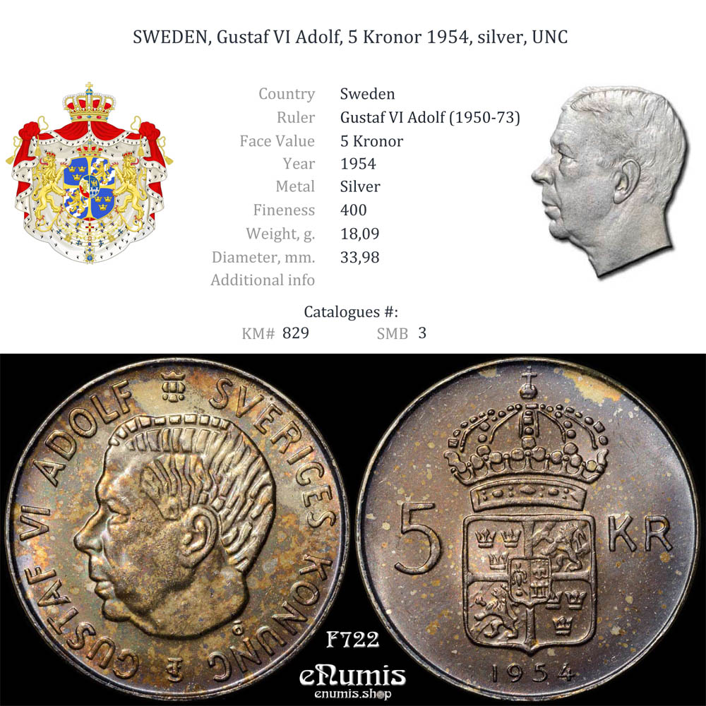 SWEDEN, Gustaf VI Adolf, 5 Kronor 1954, silver, UNC