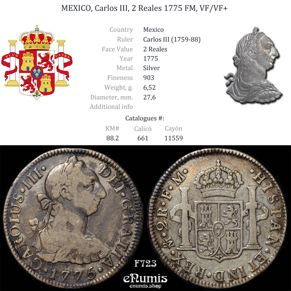 MEXICO, Carlos III, 2 Reales 1775 FM, VF/VF+