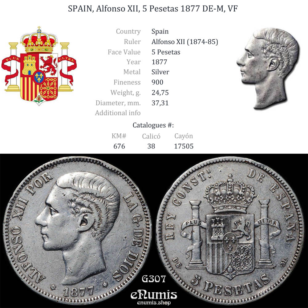 SPAIN, Alfonso XII, 5 Pesetas 1877 DE-M, VF