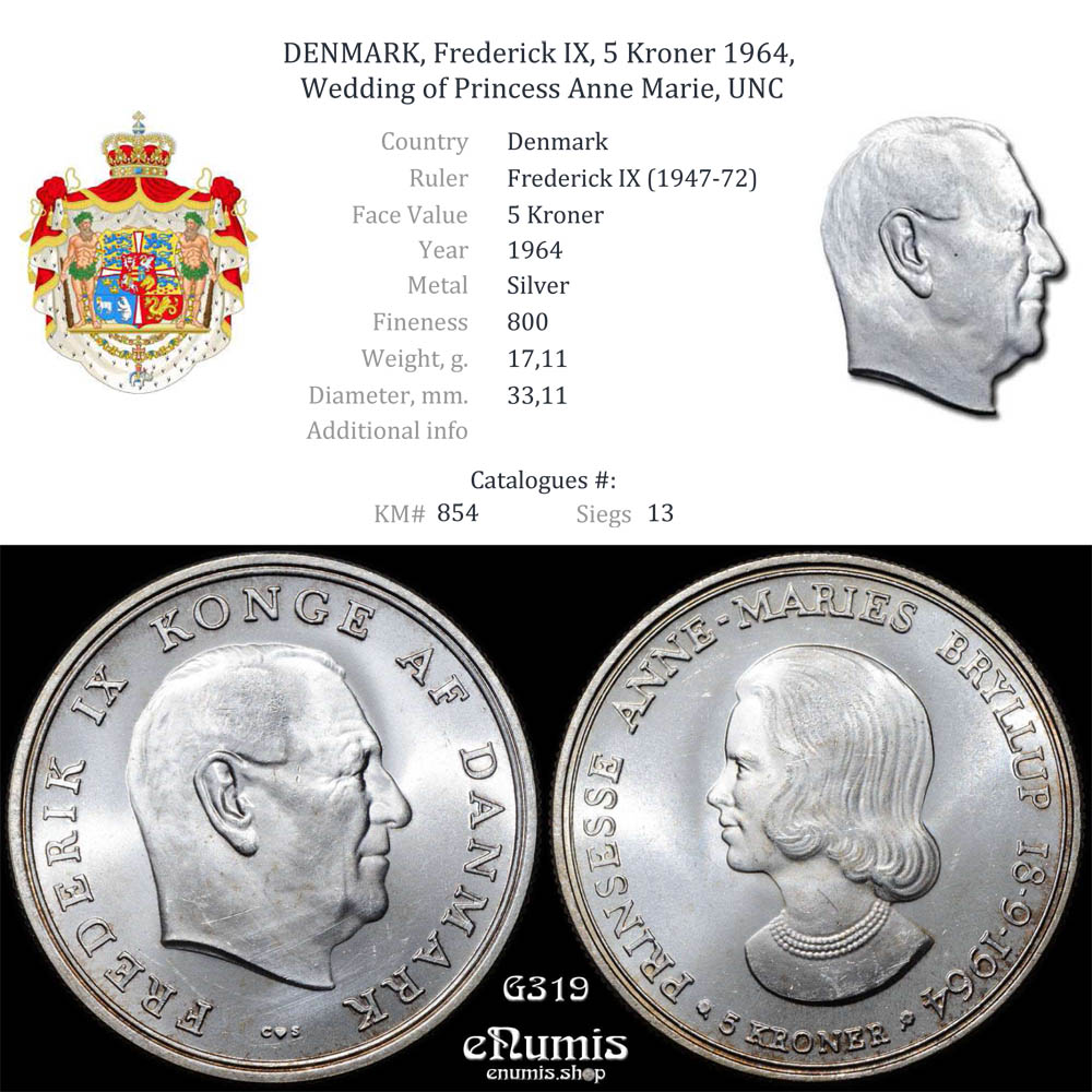 DENMARK, Frederick IX, 5 Kroner 1964, Wedding of Princess Anne Marie, UNC DENMARK, Frederick IX, 5 Kroner 1964, Wedding of Princess Anne Marie, UNC