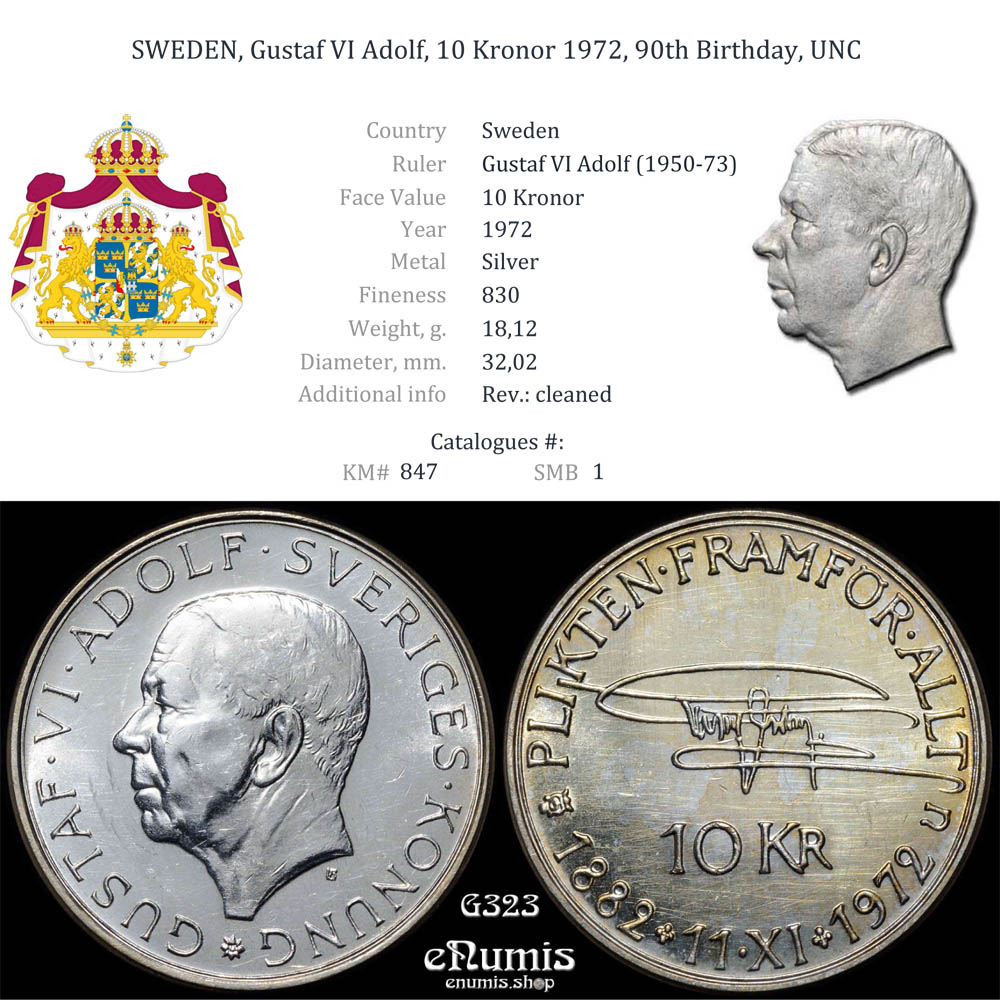 SWEDEN, Gustaf VI Adolf, 10 Kronor 1972, 90th Birthday, UNC