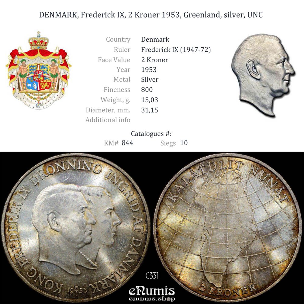 DENMARK, Frederick IX, 2 Kroner 1953, Greenland, silver, UNC