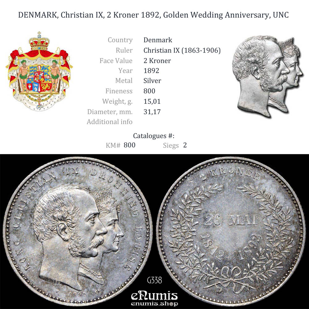 DENMARK, Christian IX, 2 Kroner 1892, Golden Wedding Anniversary, UNC